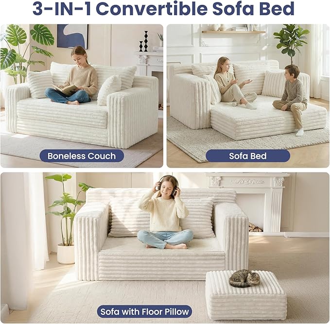 3-in-1 Convertible Sofa Bed: Boneless Loveseat Sleeper &amp Folding Couch Bed with 4 Pillows &amp Detachable CushionFurry Futon Couch for BedroomApartmentOffice and Living Room No AssemblyBeige