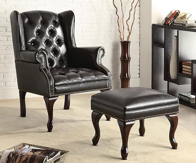 Coaster Home Furnishings - Roberts - Faux Leather Upholstered Wingback Chair and Ottoman Set with Tufted Seat Nailhead Trim and Rolled Arms - Living Room - Black and Brown - 900262