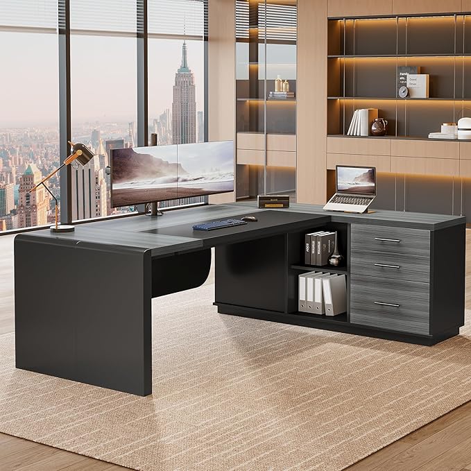 Tribesigns 81-Inch L-Shaped Executive Desk Large Modern Office Desk with Drawers and File Cabinet for Home or Business Workspace Grey &amp Black Computer Desk with Storage Shelves