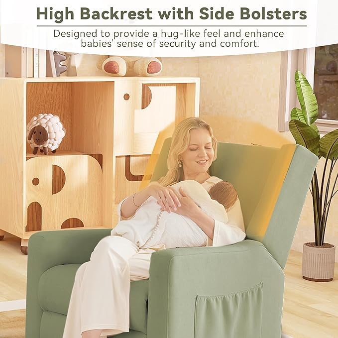 Tbfit 360° Swivel Recliner ChairNursery Rocking Chair with Lumbar Support for Bedroom Comfy Upholstered Armchair with Pillows &amp Footrest for Living Room (Hidden Ring Handle Green)