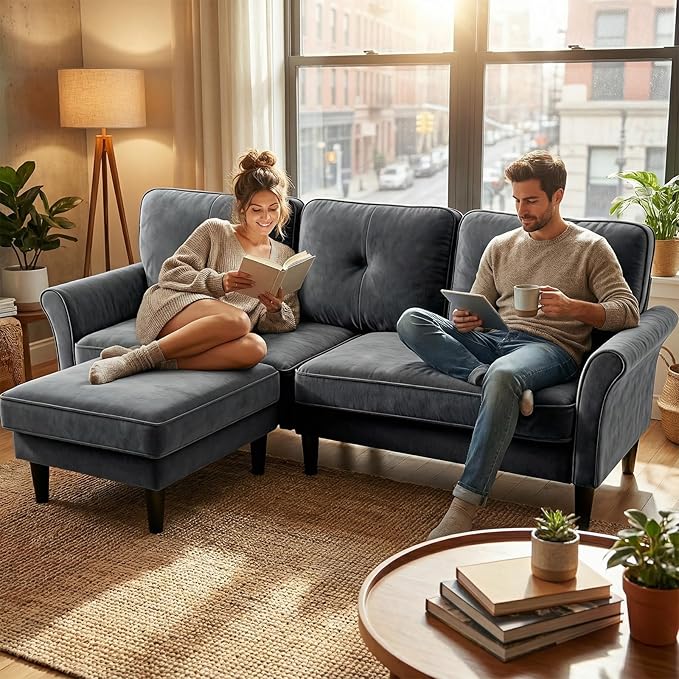 Sofas for Living Room 83 Velvet Sectional Couch with Moveable Ottoman Midcentury Modern Small Sectional Couch L Shape Sofa &amp 2 Seater Couches for Living Room Apartment Bedroom Grey