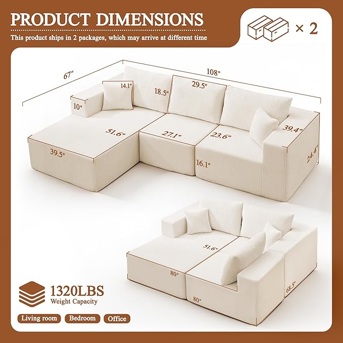 Modular Sectional Sofa for Living Room 108 Cloud Couch Sectional with L-Shape Chaise Modern Upholstered Corduroy Boneless Couch with Memory Foam Deep Seat No Assembly Required (Beige)