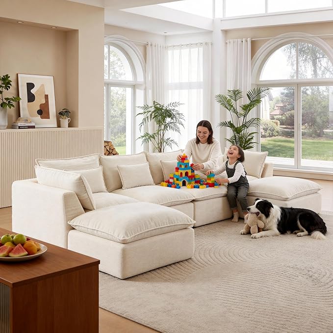 130 Oversized Cloud Sectional Sofa U Shaped Boneless 4-Seater Modular Couch with Ottoman Extra Deep Seat Compressed Foam Sofa for Living Room White