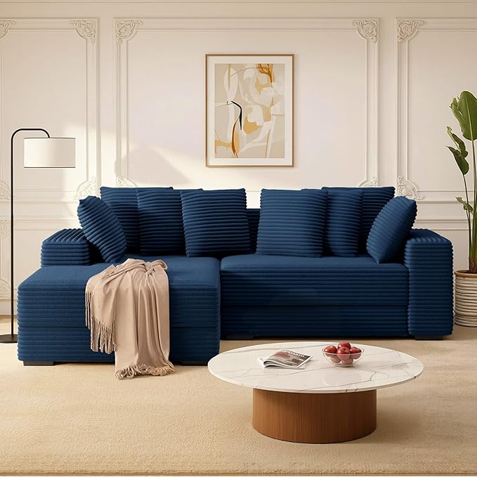 111'' Modular Sectional Cloud Couches with Chaise L Shaped Large Sleeper Couch Fluffy Corduroy with 8pcs Pillows for Living Room(Blue Left Facing Chaise)