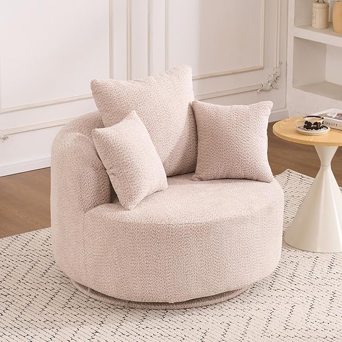 40” Beige Round Swivel Chair with 3 Pillows &amp Thick Cushion Oversized 360° Swivel Accent Chair Modern Boucle Armchair for Nursery Living Room Bedroom Club