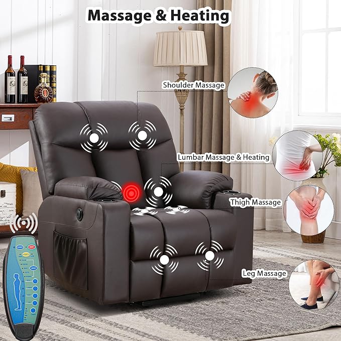 Bonzy Home Lift Recliner Chair for Elderly Oversized Faux Leather Lift Chair with Heat and Massage Extra Wide Single Sofa with 2 Cup Holders Side Pockets USB Port Brown