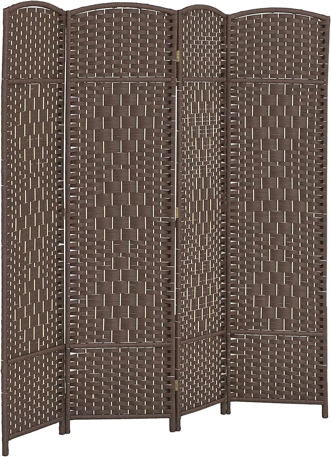 HOMCOM Room Divider 6 Ft 4 Panel Folding Privacy Screen Hand-Woven PP Wall Partition with Pine Wood Frame Freestanding Room Separator for Bedroom Home Office No Assembly Brown