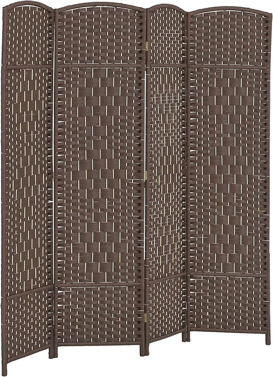 HOMCOM Room Divider 6 Ft 4 Panel Folding Privacy Screen Hand-Woven PP Wall Partition with Pine Wood Frame Freestanding Room Separator for Bedroom Home Office No Assembly Brown
