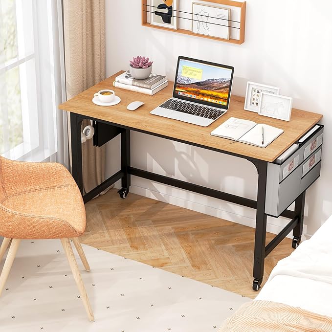 Tangkula 48” Mobile Computer Desk with Storage Bag &amp 2 Hanging Hooks Rolling Home Office Writing Study Desk Rolling PC Workstation with Lockable Universal Casters for Study Room Bedroom