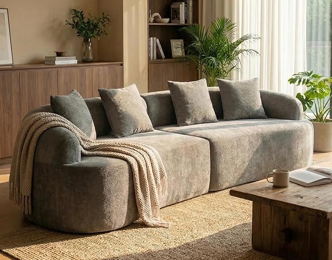 Furnimart 112 Curved Couches for Living Room Modern Chenille 4-Seater Sectional Sofa Deep Seat with 4 Throw Pillows Plush Modular Couch No Assembly Needed Dark Grey