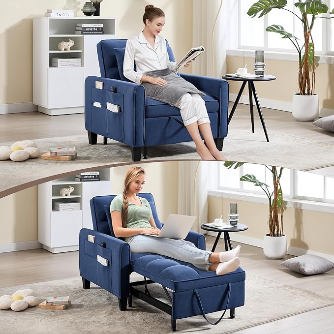 Convertible Sleeper Chair 3 in 1 Sleeper Chair Bed Pull Out Sofa Bed Chair Single Sofa Bed Adjustable Backrest Chairs Bed Sleeper for Adults Reading Living Room Bedroom Velvet Blue