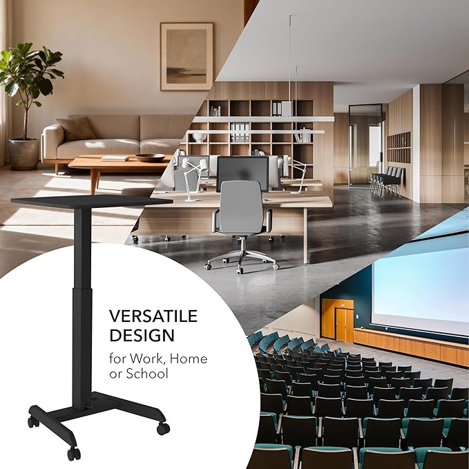 Mount-It! Rolling Laptop Desk Adjustable Height (29.6”-44.2”) Mobile Workstation Cart with 23.6” x 20.5” Desktop Small Sit-Stand Desk for Home Office or Classroom in Black