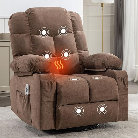 360 Degree Rotating Boy Lounger with 2 Cup Holders Heat and Massage Function Adjustable Backrest USB Port and 2 Side Pockets for Adults (Brown)