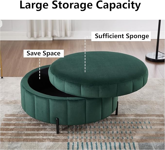 31.5 Velvet Round Storage Ottoman GreenReversible Lid Upholstered Ottoman Coffee TableCircle Foot Stool for Living RoomBedroom