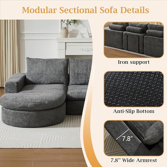 99 Modular Sectional Sofa Cloud Sectional Couch with Neck Pillow &amp Deep Seat Chenille Boneless Couches with L-Shape Chaise for Living RoomNo Assembly Required Grey
