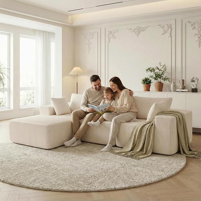 DUMOS 108 Boneless Couch Cloud Sectional Couch with L-Shape Chaise Modular Sectional Sofa with Deep Seat Upholstered Couch for Living Room Bedroom No Assembly Required (Beige Left Facing Chaise)