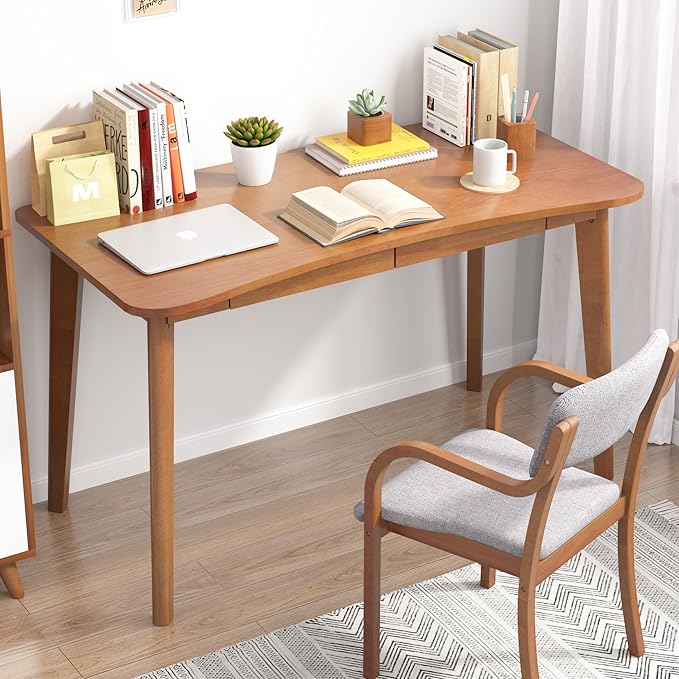 100% Solid Wood Desk with Drawers - 48 x 24 Inch Home Office Computer Desks Mid Century Modern Writing Desk with Drawers Simple Study Table Makeup Vanity - Walnut Vintage Desks