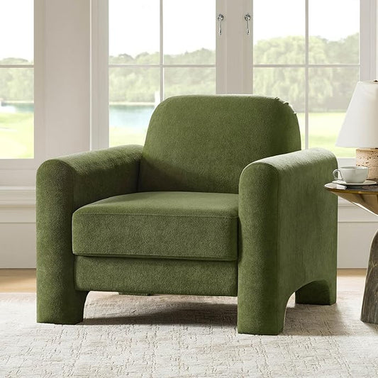 HULALA HOME Modern Curved Accent Club Chair Chenille Armchair Upholstered Sofa Chair with Wrapped Armrests Comfy Reading Armchair for Living Room Easy Assembly Olive