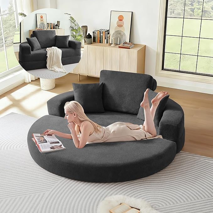 Curved Convertible Futon Sleeper Sofa Bed 70 Boneless Couch with Pull-Out Bed Chenille Foldable Floor Mattress for Living Room No Assembly Required Round Grey