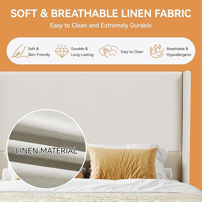 Queen Bed Frame Upholstered Platform Bed with 55.5 Tall Wingback Headboard Solid Wooden Slats Noise-Free Mattress Foundation No Box Spring Needed Easy Assembly Beige