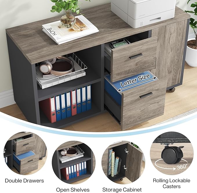 Tribesigns 71 inch Executive Desk L-Shaped Desk with Mobile File Cabinet Executive Office Table with 2 Drawers and Storage Shelves Business Furniture Workstation for Home Office Grey and Black