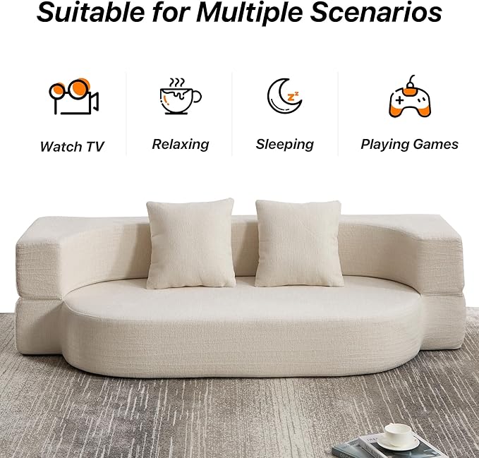 Folding Sofa Bed Convertible Futon Sleeper Bed 2-in-1 Foldable Floor Mattress with 2 Pillows Breathable High-Density Foam Lazy Couch Comfy Lounge Chair Twin Size Beige