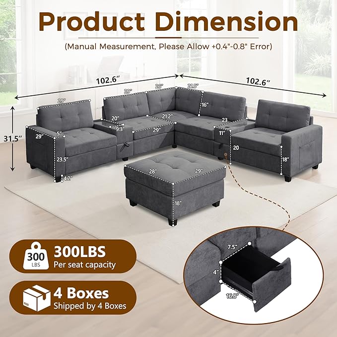 103'' Modular Sectional Sofa couch with 2 Acrylic Consoles Oversized U Shaped Couch Set with USB Charger Storage DrawersPockets and Movable Ottoman Chenille Sectional Couches for Living Room Gray