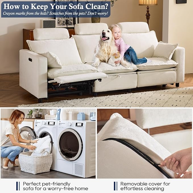 Comfy Cloud Couch – Chenille Electric Reclining Sofa with Adjustable Headrest Modern Power Recliner with Middle Storage Deep Seat Sofa with Throw Pillows for Living Room (Cream)