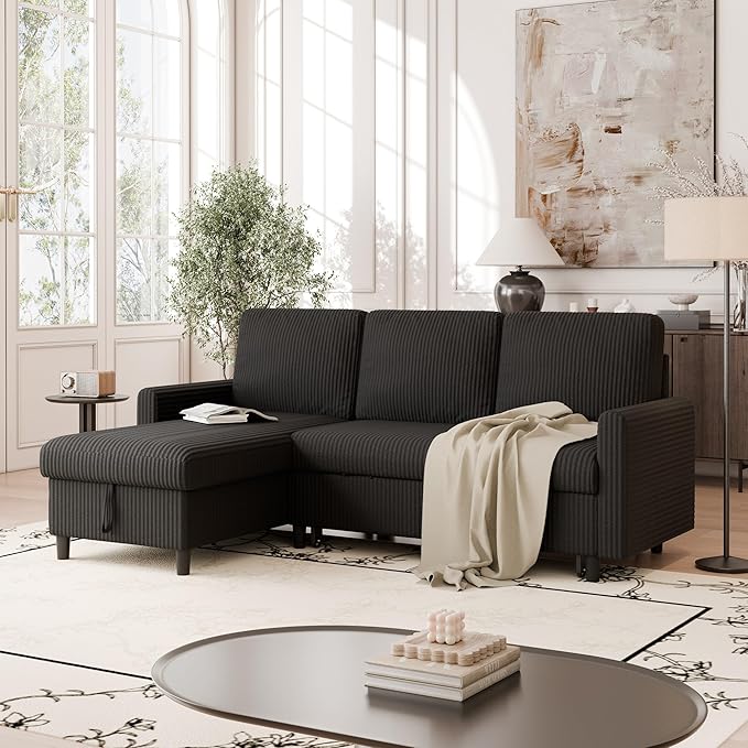 Vongrasig Pull Out Couch 2 in 1 Small Sofa Bed Sleeper Sofa with Storage 77 L Shaped Convertible Sofa with Storage Chaise for Living Room Apartment Black