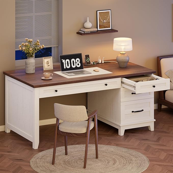 GAOMON 54.5in Wooden Executive Desk with Drawers Office Desk Computer Table with Charging Station Farmhouse Home Office Desk with File Cabinet Storage for Study and Home Office White Walunt