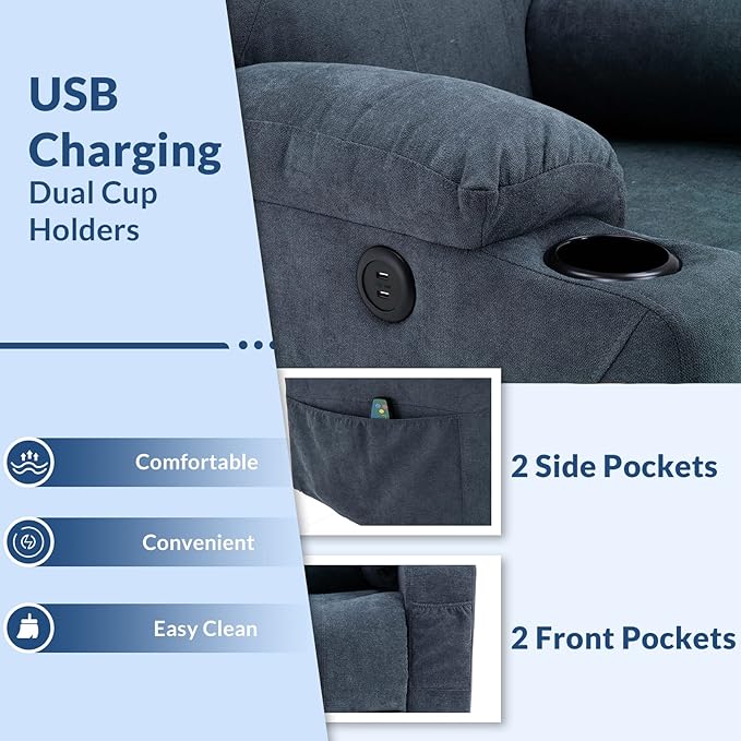 Manual 360° Swivel Rocker Recliner Chair Ergonomic Fabric Lounge Sofa Chair Glider Rocking Heated Massage Chair with Side Pockets 2 Cup Holders &amp USB Ports for Living Room Bluish Grey