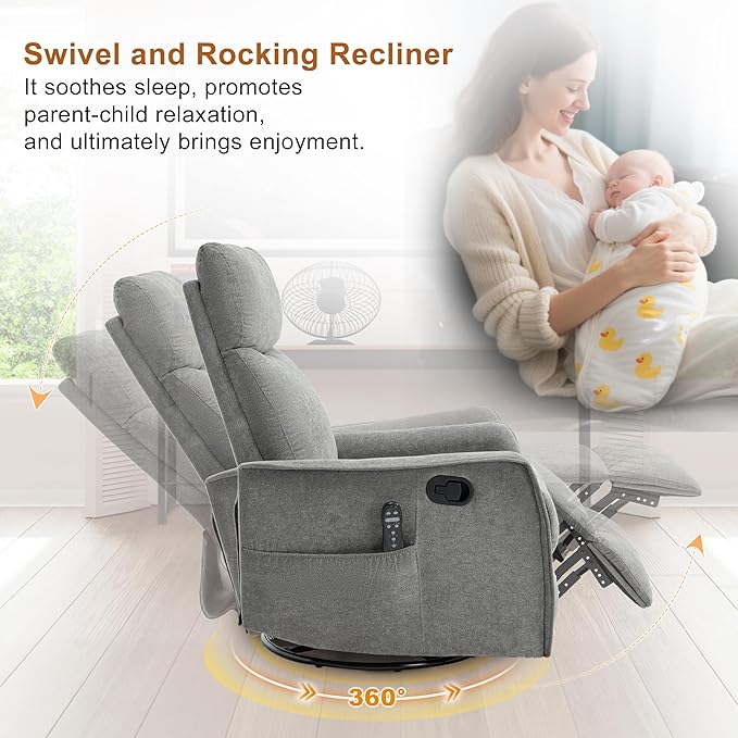 Manual 360° Swivel Rocker Recliner Chair for Adults Overstuffed Glider Chair for Nursery with Vibration Massage &amp Heat Comfy Soft Fabric Recliner Chair with Side Pockets for Living Room Light G