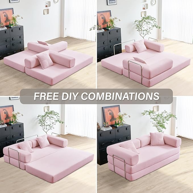 YINIX Foldable Sofa Bed 78'' Folding Floor Couch Compressed Convertable Sleeper Sofa Memory Foam Couch with Pillow Back Support Armrest 4-in-1 Futon Sofa Bed for Living Room Pink