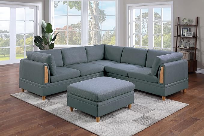Living Room Seating Set: Contemporary Armless Chair in Steel Color Fabric - 1 Piece - Wooden Deco Base
