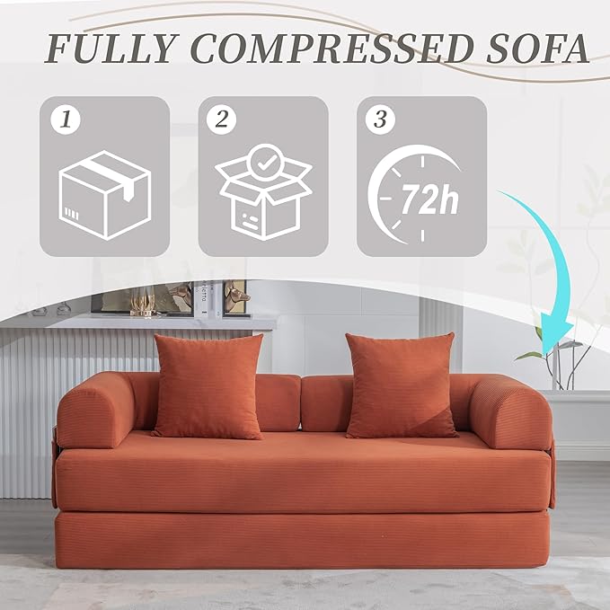 4‑in‑1 Convertible Sleeper Sofa Bed DIY Combination Floor Sofa Lounge Couch with Cylindrical Pillow Corduroy Futon Folding Mattress Couch for Apartment Bedroom Playroom Orange