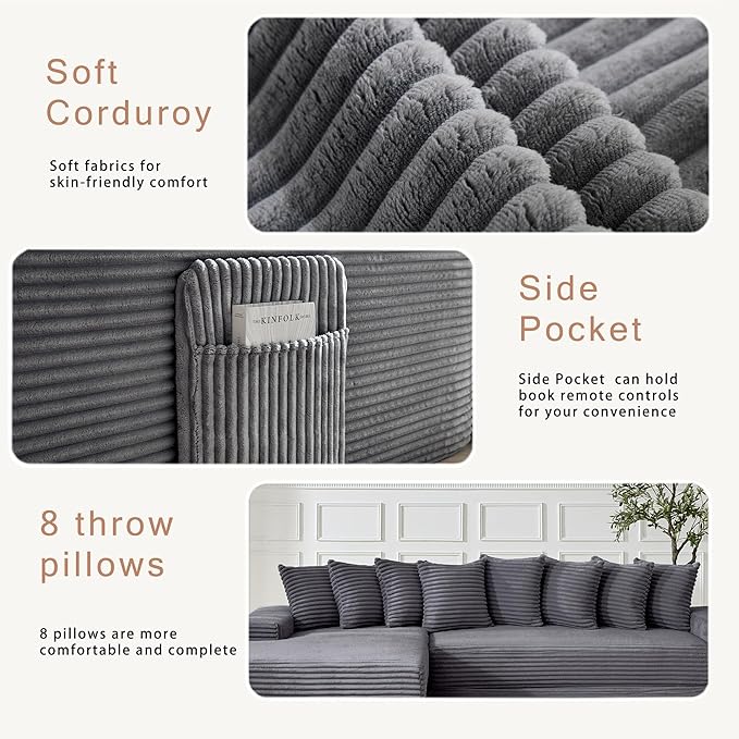110 Oversized L Shaped Convertible Sleeper Sofa Bed Corduroy Folding Sectional Sofa with 8 Pillows &amp Storage Bags Modern Floor Mattress Couch for Living Room Small Spaces Dark Grey Left Chaise
