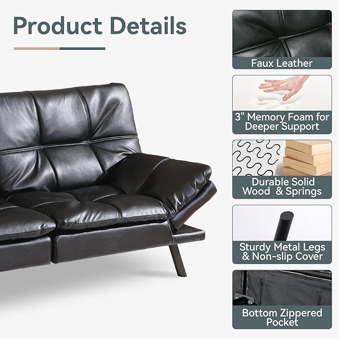 Futon Sofa Bed Convertible Couch Black Faux Leather Sofa Bed with Memory Foam Adjustable Backrest &amp Armrests Multifunctional Small Loveseat Sleeper Sofa for Living Room Apartment Office