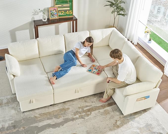 VanAcc Pull Out Sofa 112 Inch Oversized U Shape Sleeper Sofa Couch with Storage Chaise &amp 3 Seater Comfy Couch with Pull Out Bed for Living Room White Boucle
