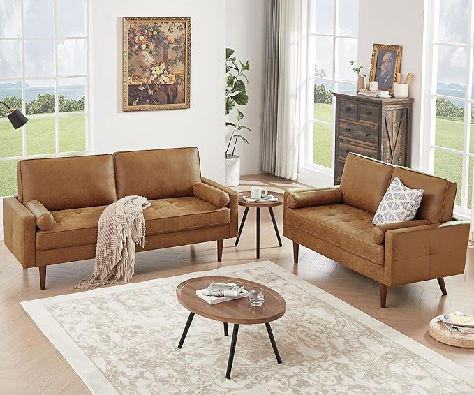 HIFIT 68 Faux Leather Couch Mid Century Modern Sofa Couch w/Tufted Deep Love Seat 2 Pillows &amp Solid Wood Frame Home Sofa Living Room Small Couches for Small Space Bedroom Office Apartment B