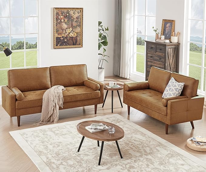 HIFIT 58 Loveseat Sofa Couch Mid Century Modern Faux Leather Couch with Hand-Sewn Deep Love Seat &amp 2Pillows Home Sofa Living Room Small Couches for Small SpaceBedroomOfficeSolid Wood FrameB