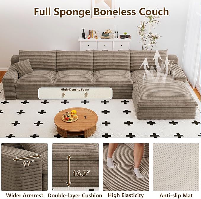 Cloud Sectional Couch136 Inch Modular Sectional Sofa with Deep Seat Modern Corduroy Boneless Couches with L-Shape Chaise for Living Room Bedroom No Assembly Required (Camel Right Facing Chaise)