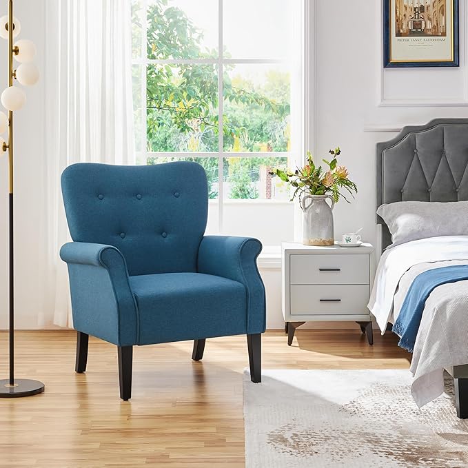 Yaheetech Modern Armchair Mid Century Accent Chair with Sturdy Wood Legs and High Back for Small Space Upholstered Fabric Sofa Club Chair for Living Room/Bedroom/Office Set of 2 Navy Blue