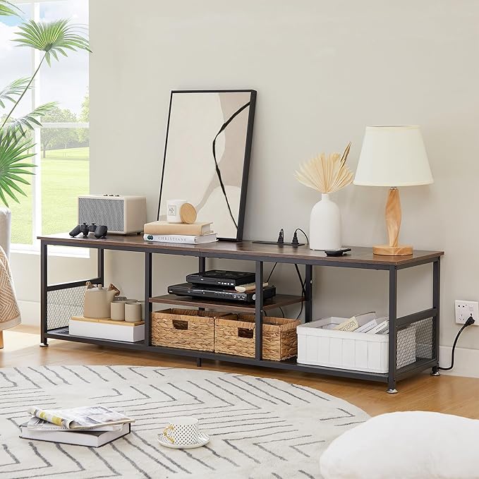 VECELO TV Stand with Power Outlets for Televisions up to 75Inch 62 Media Entertainment Center with Charging Station 3-Tier Open Storage Shelves with Metal Frame for Living Room/BedroomBrown