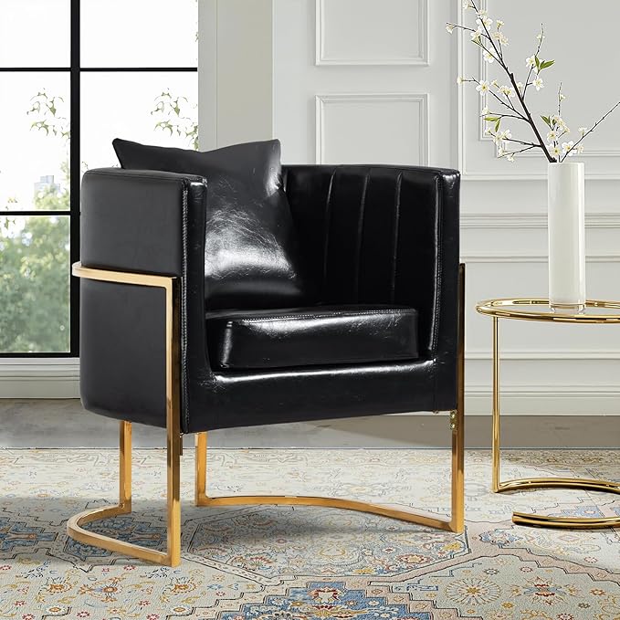 Modern Leather Accent Chairs Set of 2 Mid Century Upholstered Barrel Armchair with Pillow for Living Room Comfy Single Vanity Chair with Metal Gold Legs for Bedroom Black