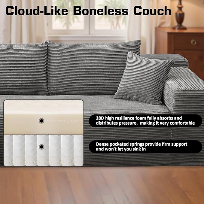 106 Cloud Sectional Couch with Chaise LoungeL Shaped Modular Modern SofaComfy Corduroy Fluffy Couches with Deep SeatNo Assembly Required Couch for Living Room(LeftStripe CorduroyGray)