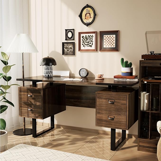 LEEMTORIG Computer Desk with Drawers 59 inch Large PC Gaming Desk Modern Industrial Study Student Writing Table Workstation for Home Office Bedroom Black &amp Walnut Brown CTSZ-20401-WACM
