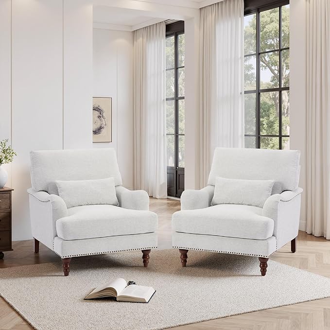 Accent Chairs Set of 2 Upholstered Armchair with Lumbar Pillow for Living Room Club Chair Chenille Arm Chair Mid Century Modern Reading Chair for Small Spaces-Beige