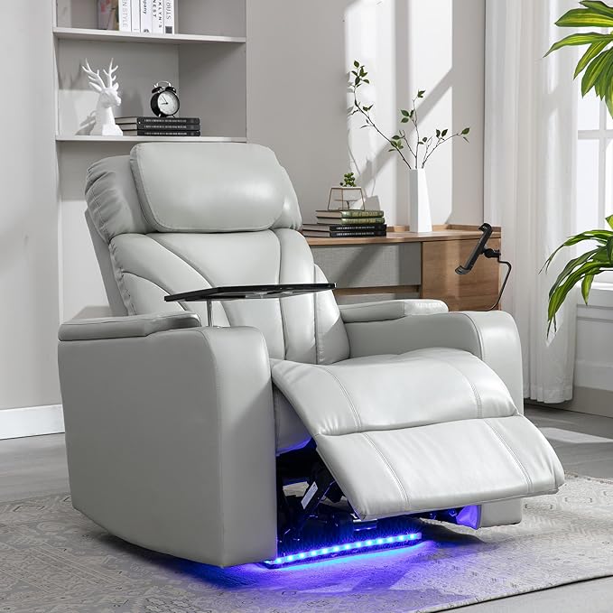 Power Motion Recliner Electric Power Recliner with Hidden Arm Storage Cup Holder Phone Holder Tray Table Faux Leather Rocker Chair for Small Spaces (Light Grey/78)
