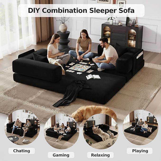 78.8 Boneless Sleeper Sofa BedConvertible Futon Couch with Storage Pocket and 2 PillowsModular Corduroy Sofa for livingroomSmall speaceBlack