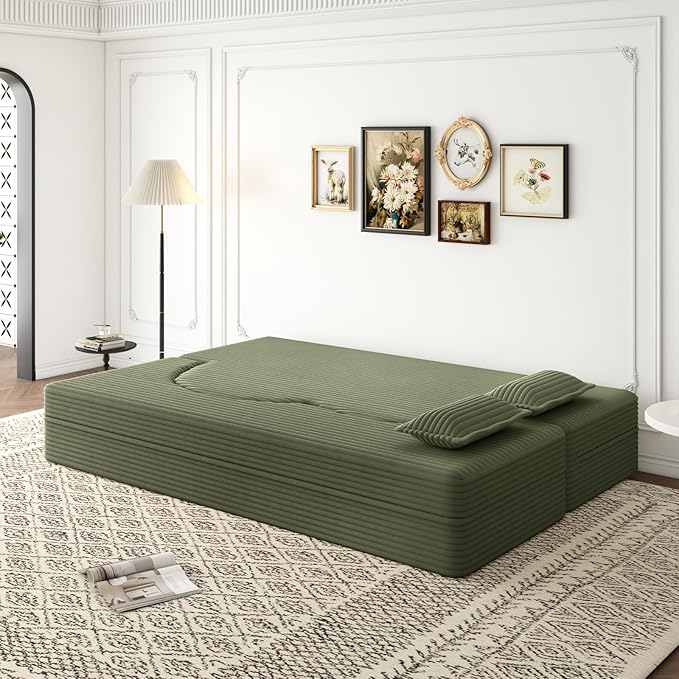 2 in 1 Convertible Folding Sofa Bed Plush Corduroy Lazy Lounge Sofabed Foam Folding Floor Sofa Bed 78 Full Size Memory Foam Couch for Living Room Guestroom No Assembly Required Sofabed (Green)